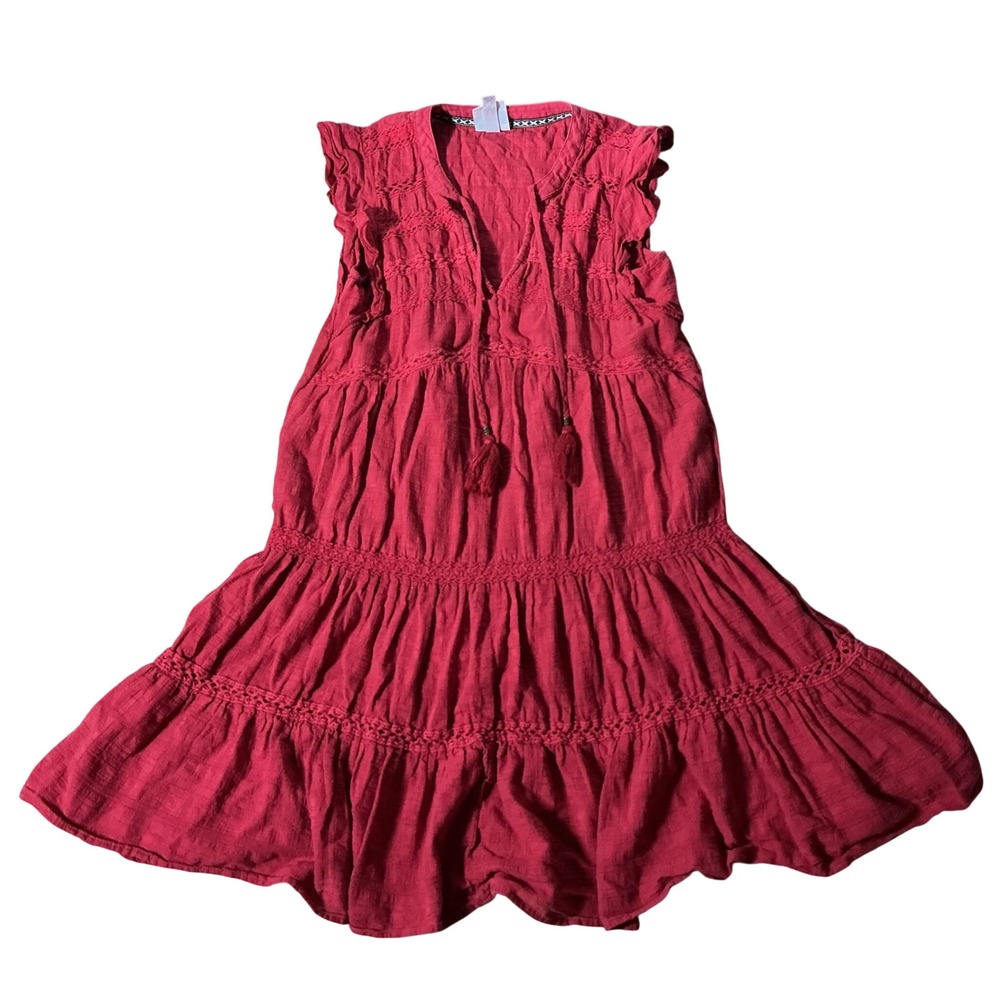 Knox Rose Boho Tiered Gauze Mini Dress Womens M Red Tassel Crochet Cottagecore